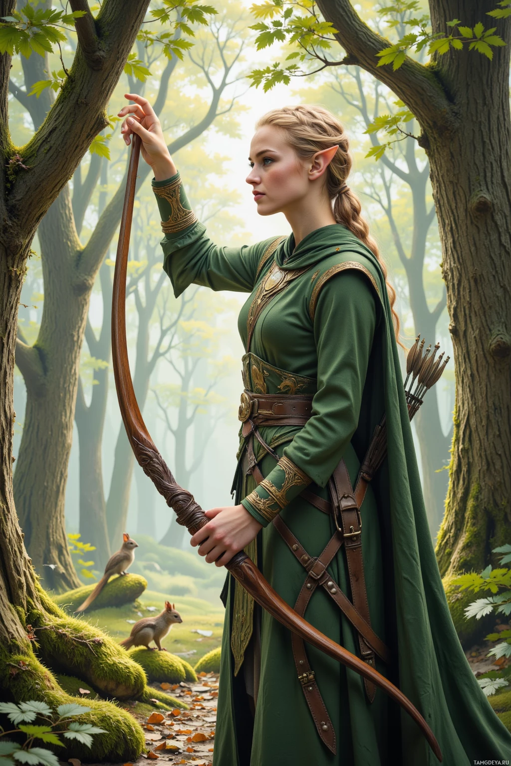 A woman in a green dress with a bow stands in a forest.