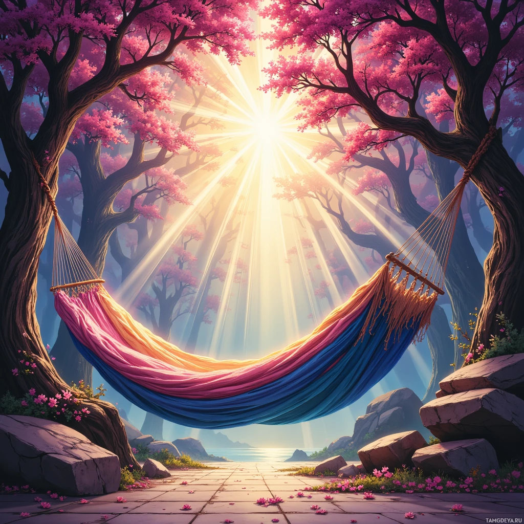 A serene scene featuring a hammock hanging between cherry blossom trees with sunlight streaming through.