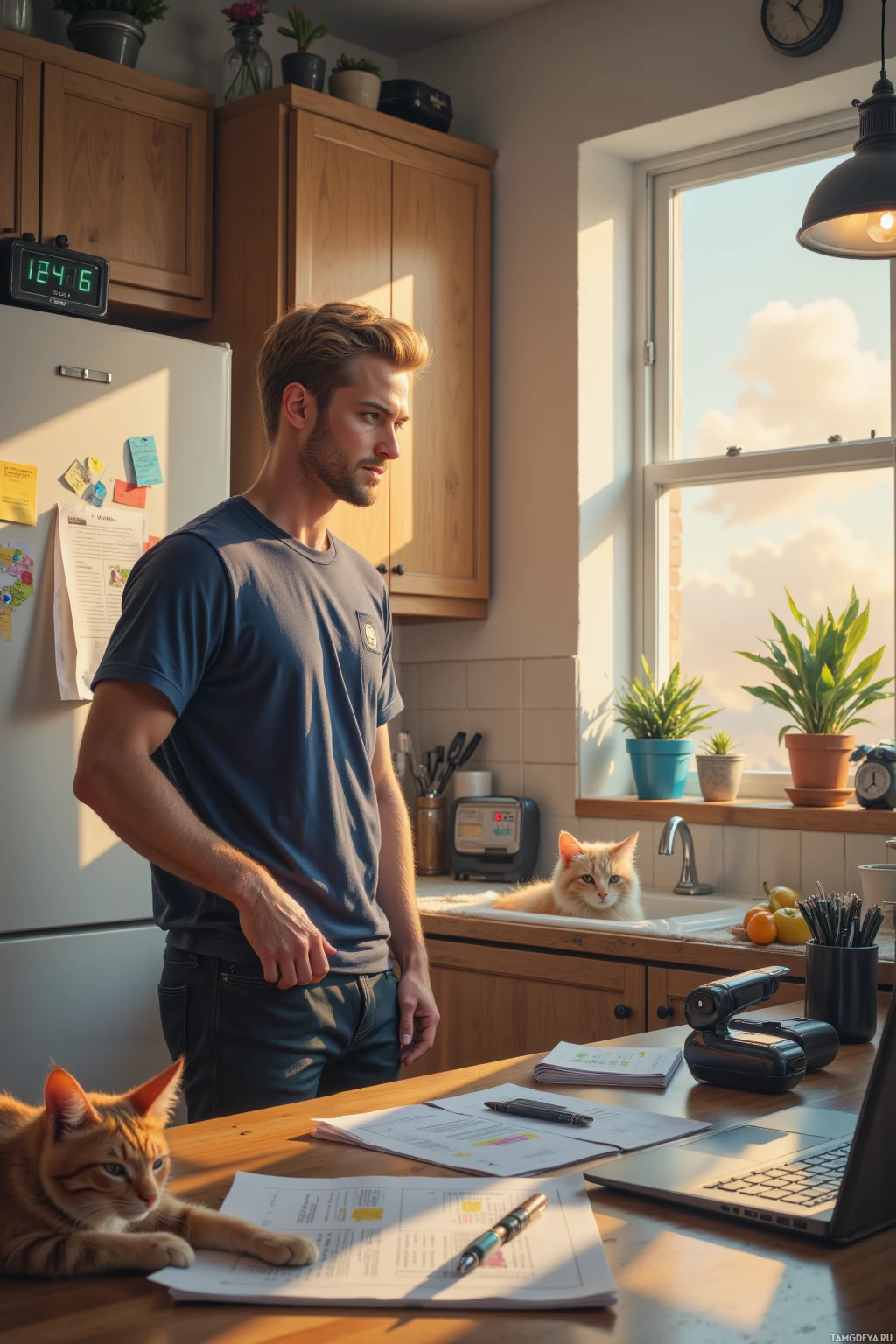 A man stands in a kitchen with a cat on the counter, surrounded by papers and a laptop.