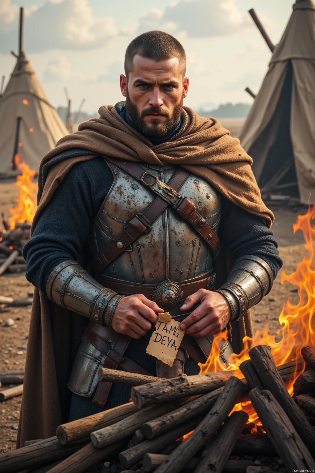 A warrior in armor stands near a campfire, holding a piece of paper.