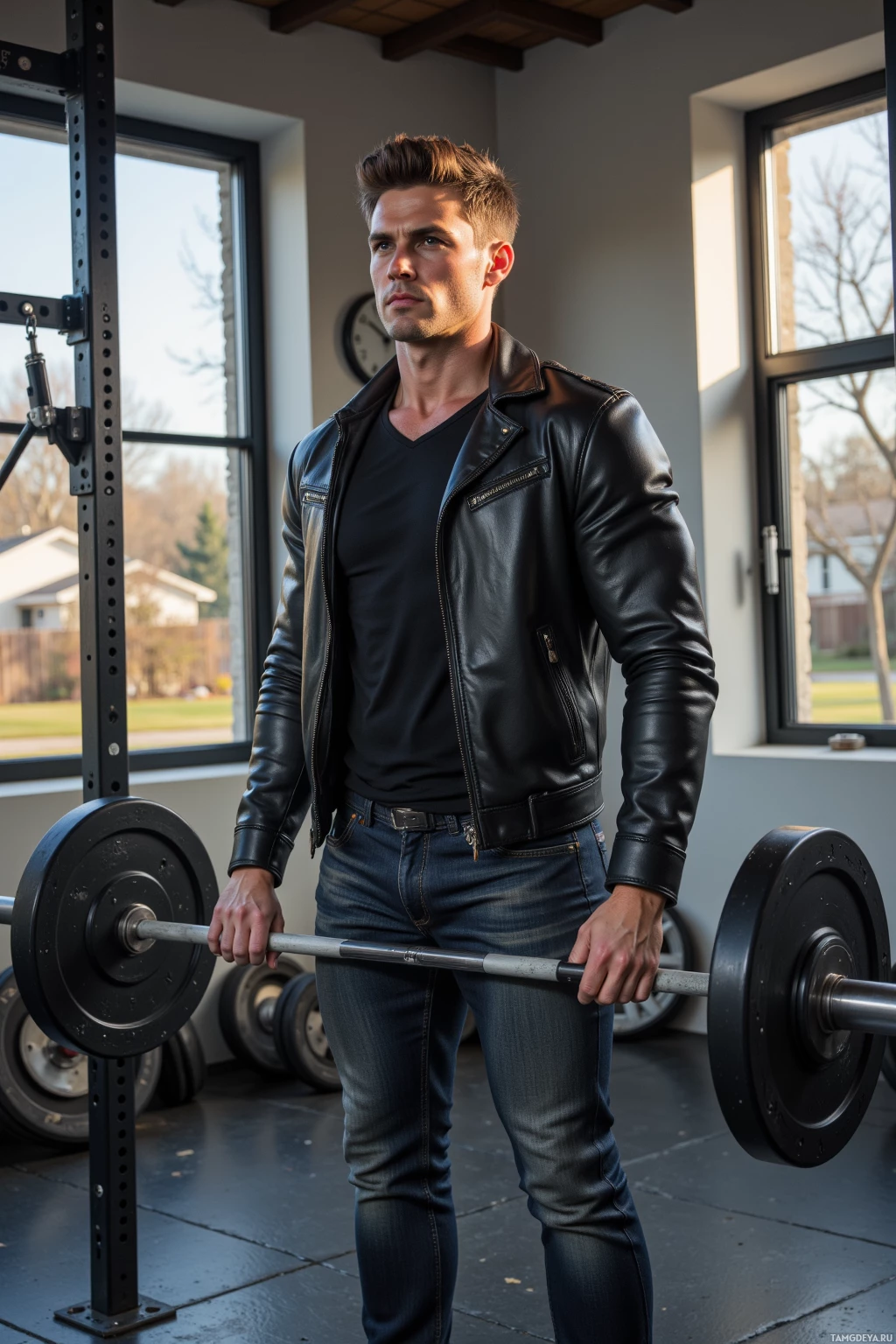 A man in a leather jacket and jeans stands in a gym holding a barbell.