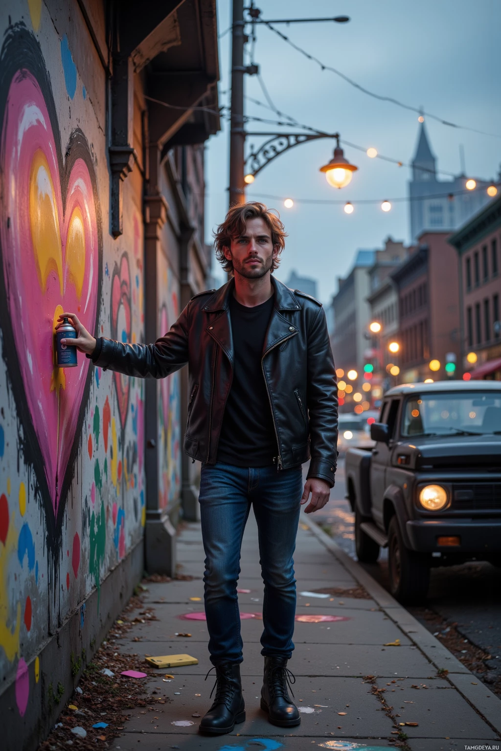 A man in a leather jacket stands on a sidewalk near a graffiti-covered wall, holding a spray can.