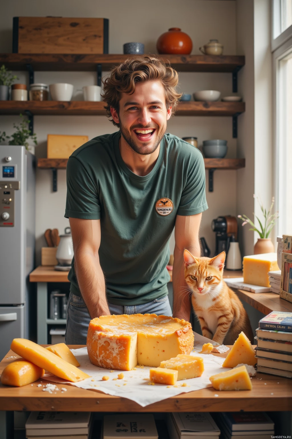 A man smiles while standing in a kitchen with a cat and a large wheel of cheese on the counter.