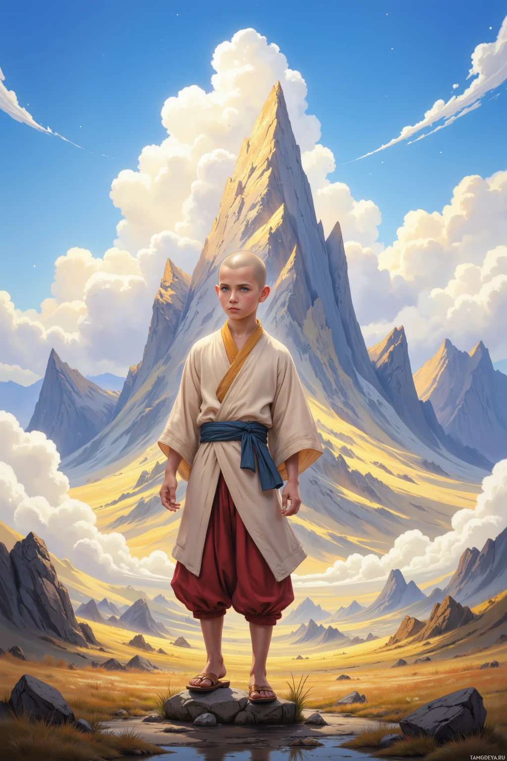 A young person stands in a serene landscape with towering mountains and a clear sky.