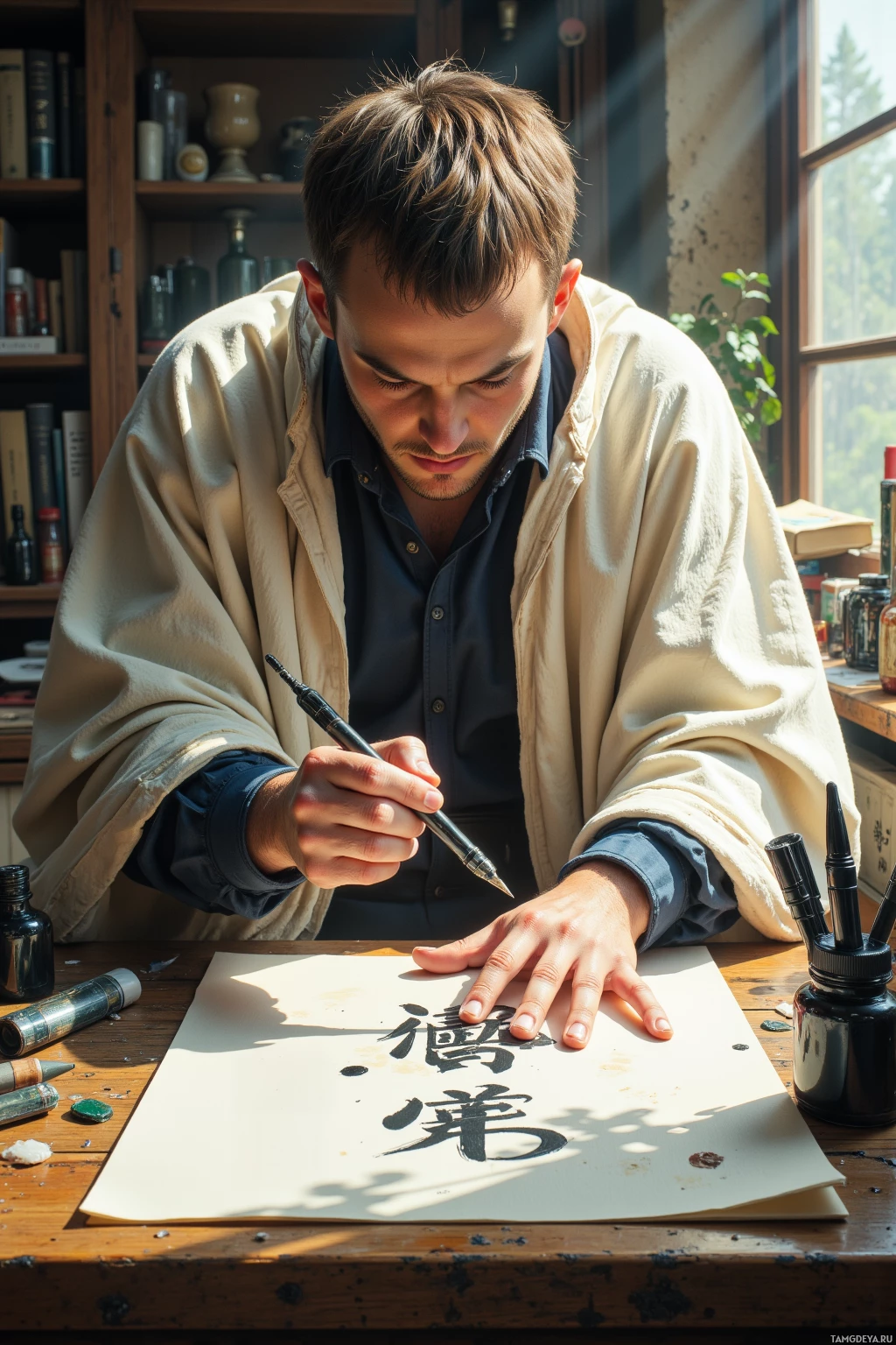 A man is writing Chinese calligraphy on a piece of paper in a well-lit room.