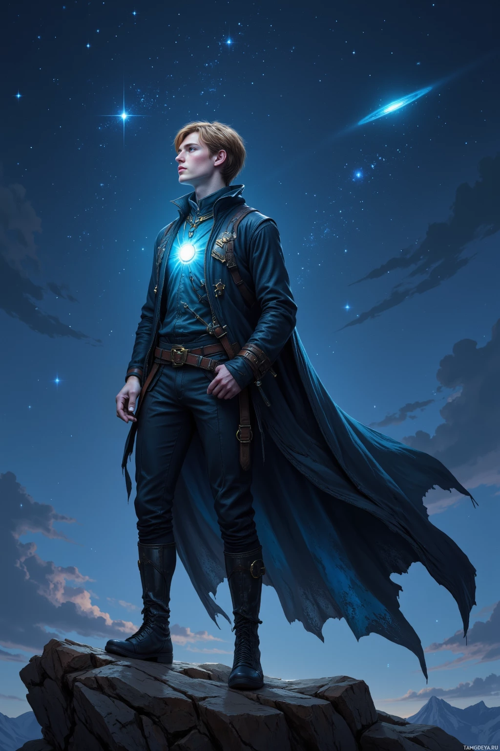 A person in a dark, detailed outfit stands on a rocky outcrop under a starry sky.