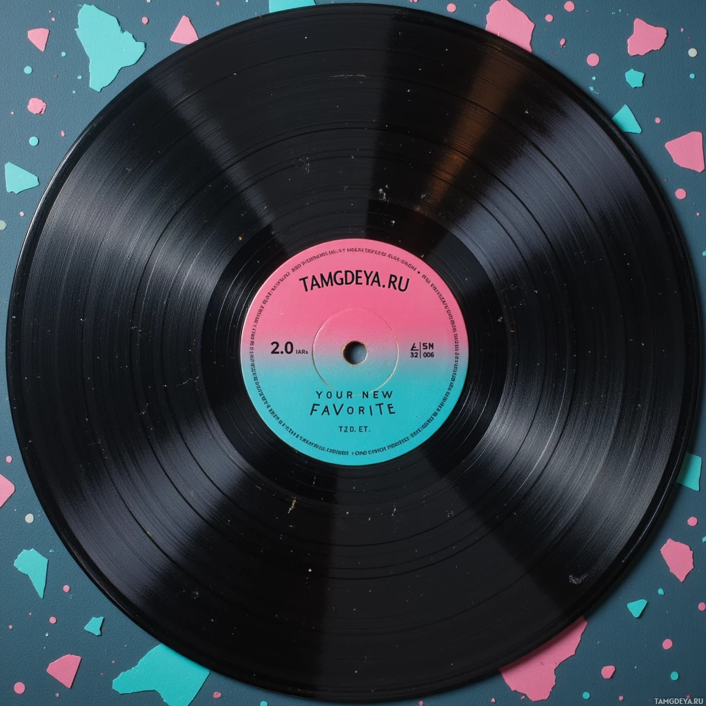 A vinyl record with a pink and blue label on a colorful background.
