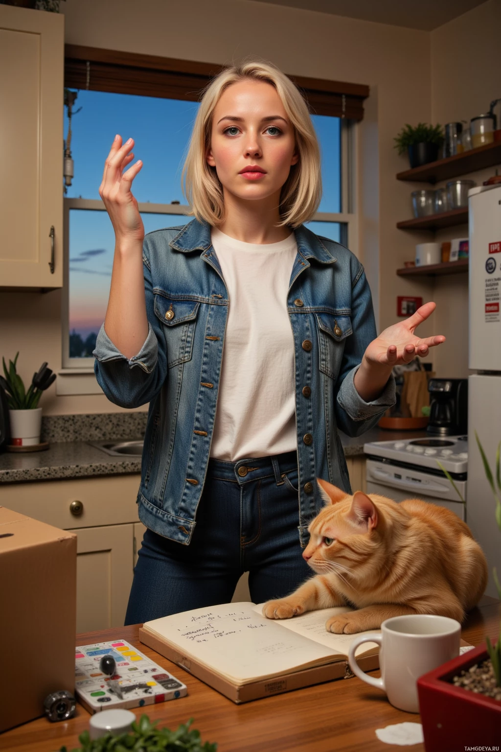 A woman in a denim jacket stands in a kitchen with a cat and a notebook on the counter.