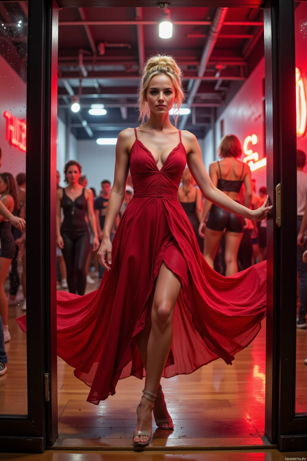 A woman in a red dress walks through a doorway in a brightly lit room.