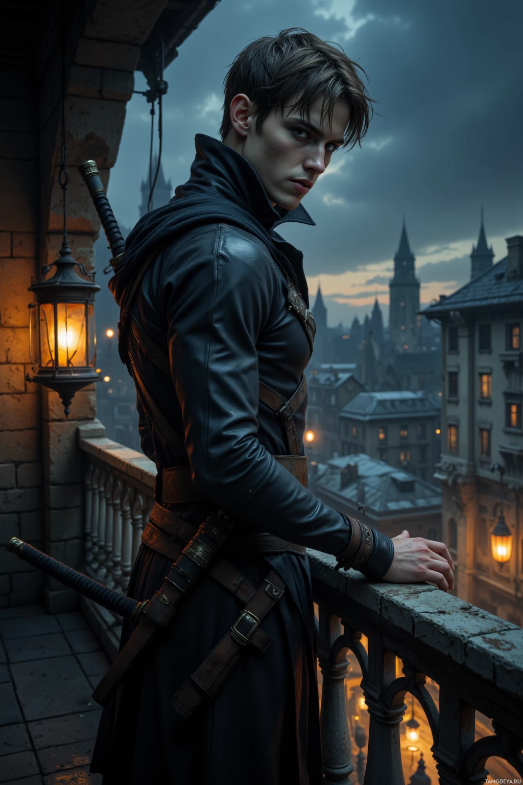 A person in a leather outfit stands on a balcony overlooking a cityscape at dusk.