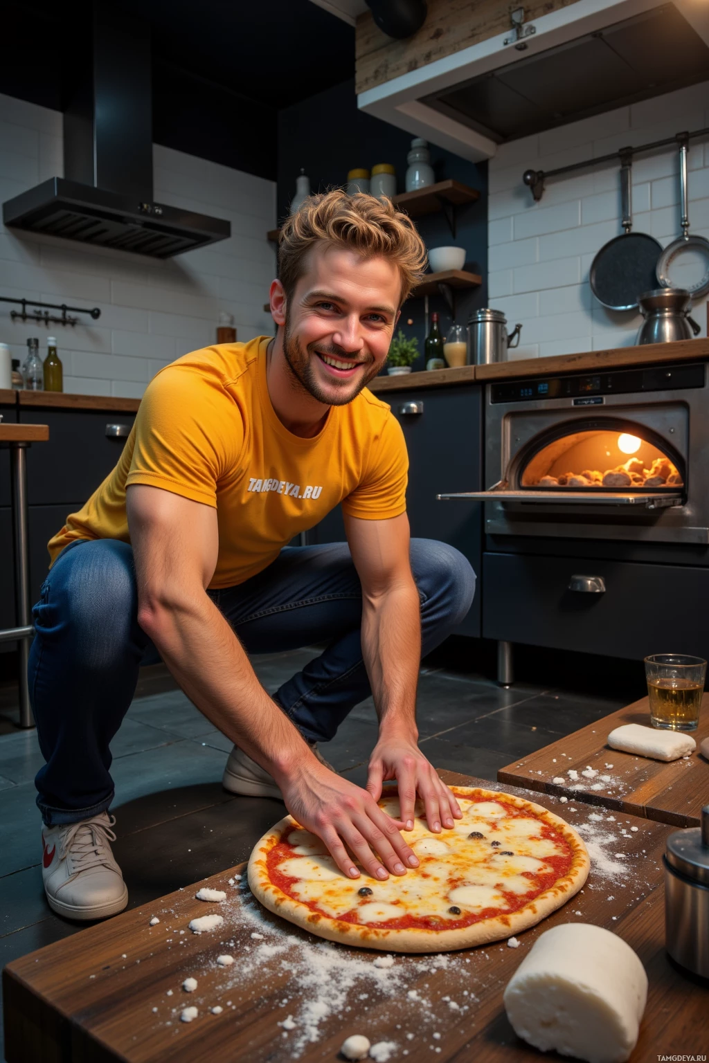 A man in a yellow shirt kneels beside a freshly baked pizza on a wooden surface in a kitchen.