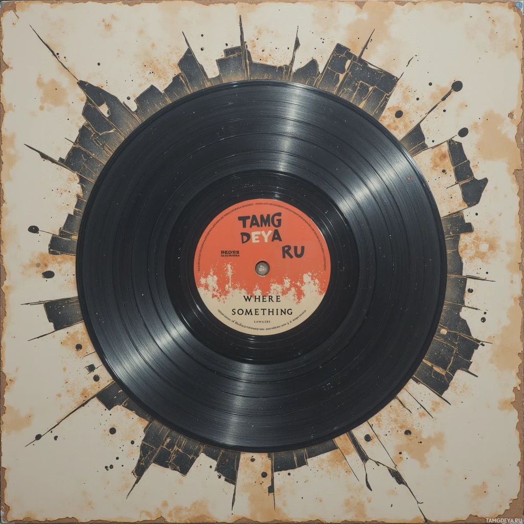 A vinyl record with a cityscape design and text on the label.