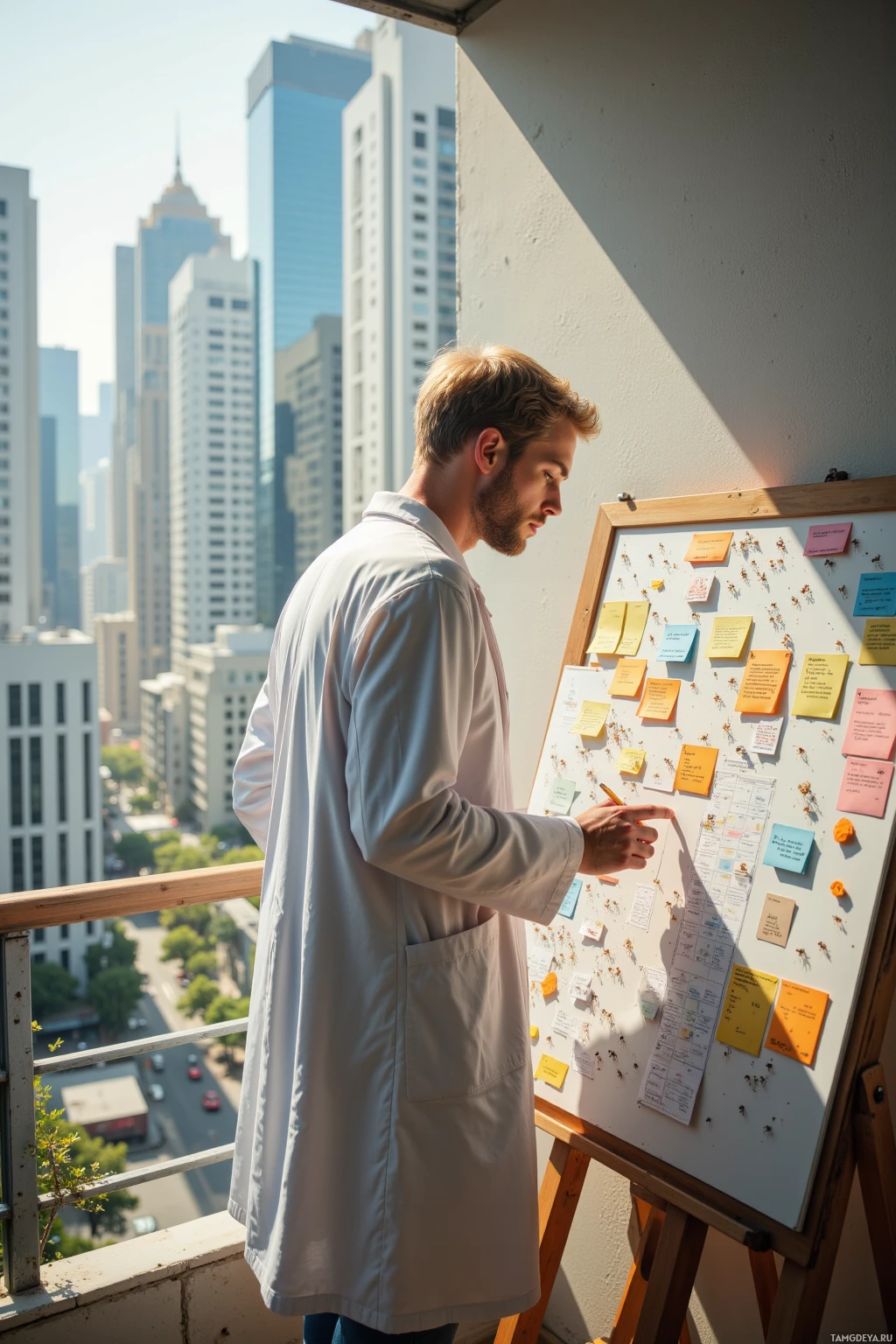 A man in a lab coat stands on a balcony, pointing at a whiteboard filled with sticky notes.