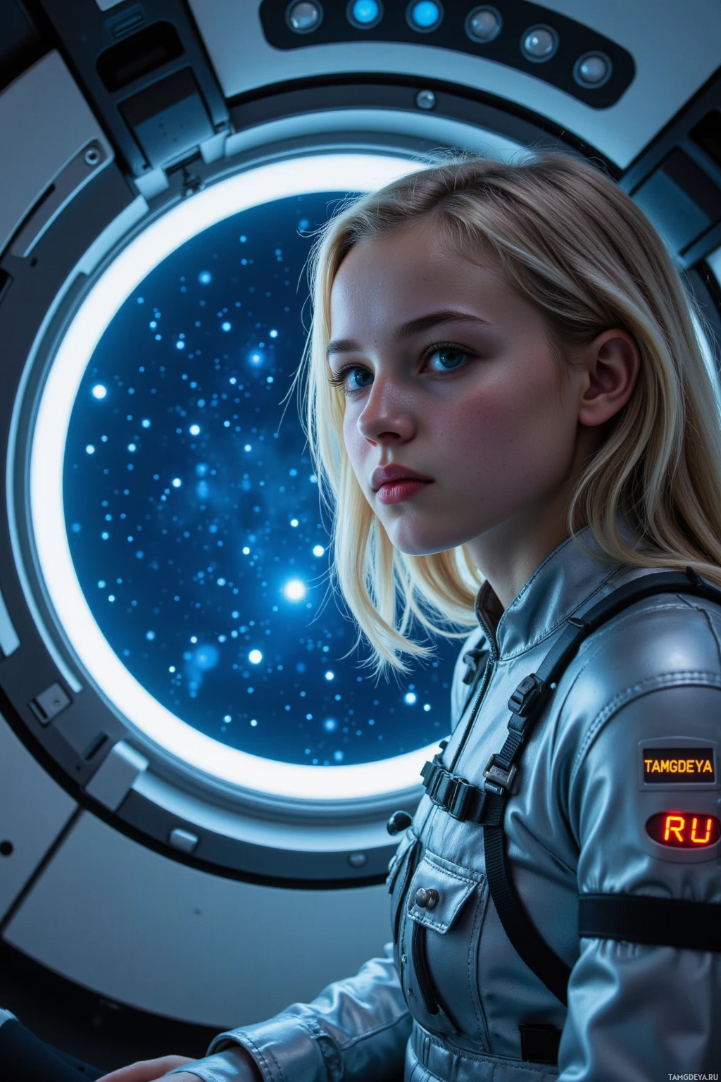 A young person in a space suit looks out of a circular window at a starry space scene.