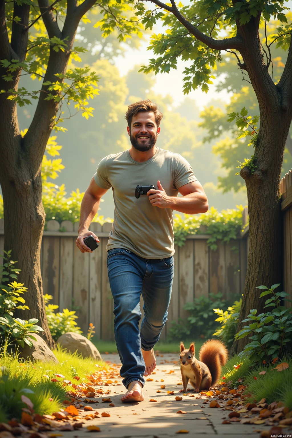 A man walks barefoot in a sunny garden, holding a game controller, with a squirrel nearby.