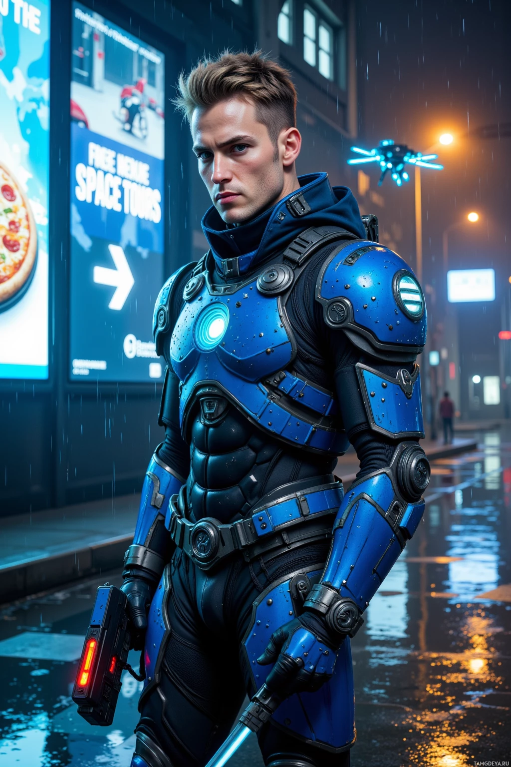 A person in futuristic blue armor stands on a rainy street at night.