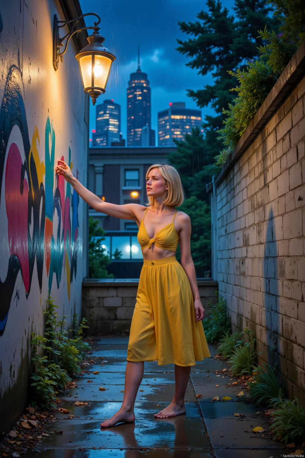 A woman in a yellow dress stands barefoot in a rainy alleyway, reaching towards a wall with graffiti.