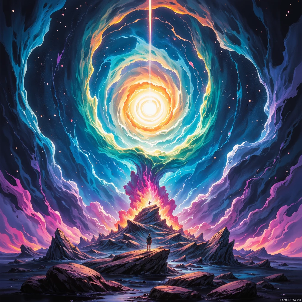 A vibrant cosmic scene with a person standing on a rocky outcrop, gazing at a swirling, colorful portal in the sky.