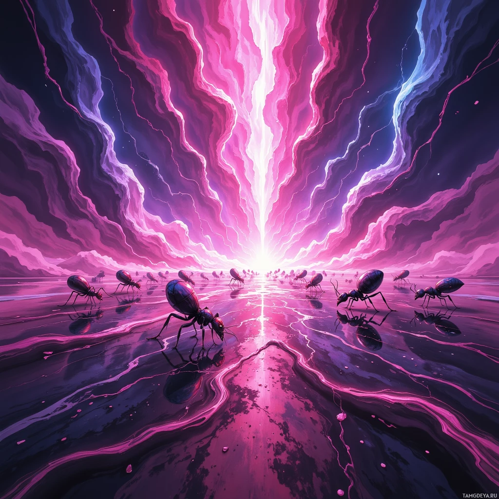 A surreal scene featuring ants on a reflective surface with vibrant, abstract, and colorful cosmic patterns in the background.