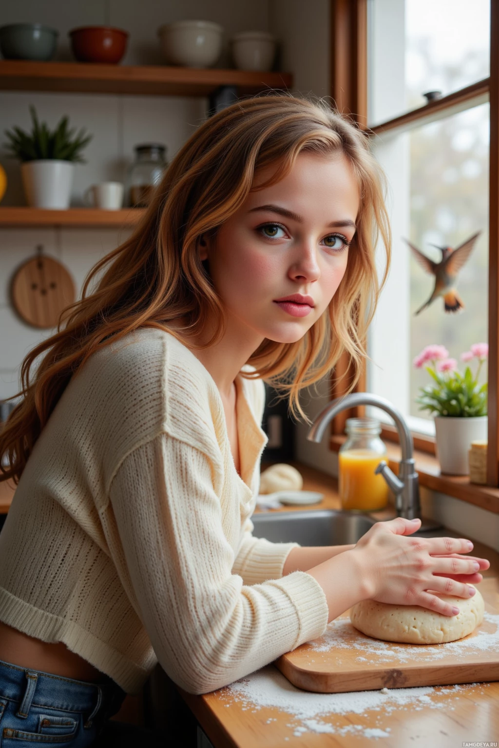 A young woman in a kitchen with dough on a cutting board.
