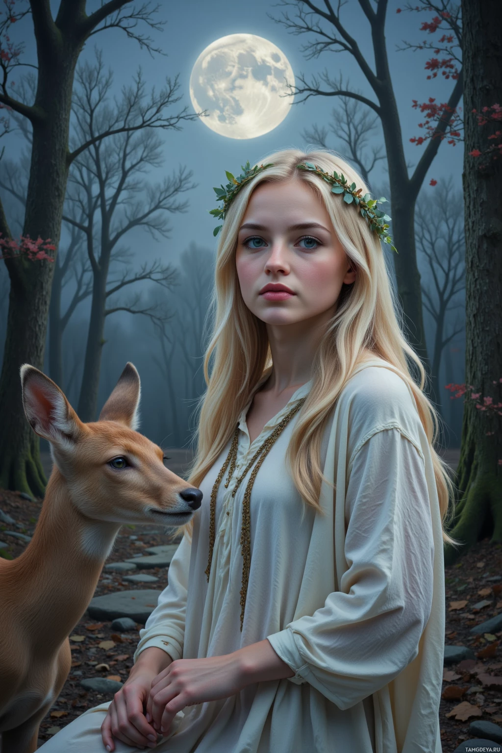 A woman with a wreath of leaves stands beside a deer in a misty forest under a full moon.