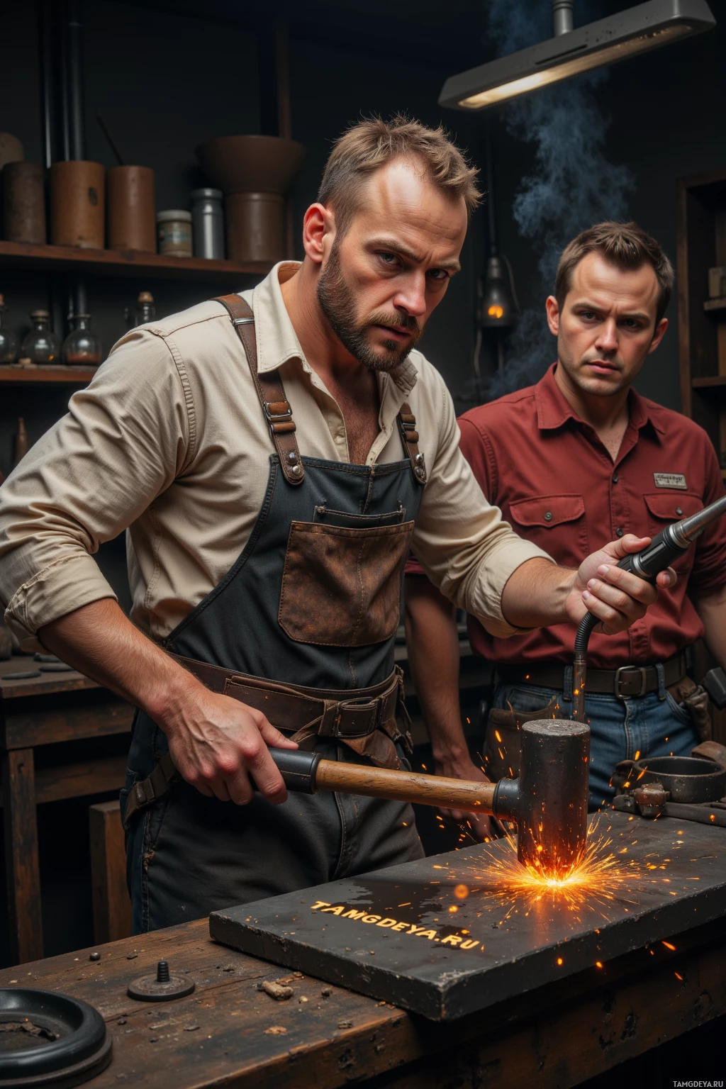 Two men in a workshop, one using a power tool while sparks fly.
