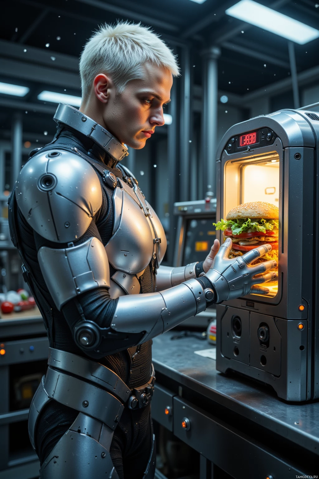 A person in futuristic armor interacts with a high-tech device containing a hamburger.