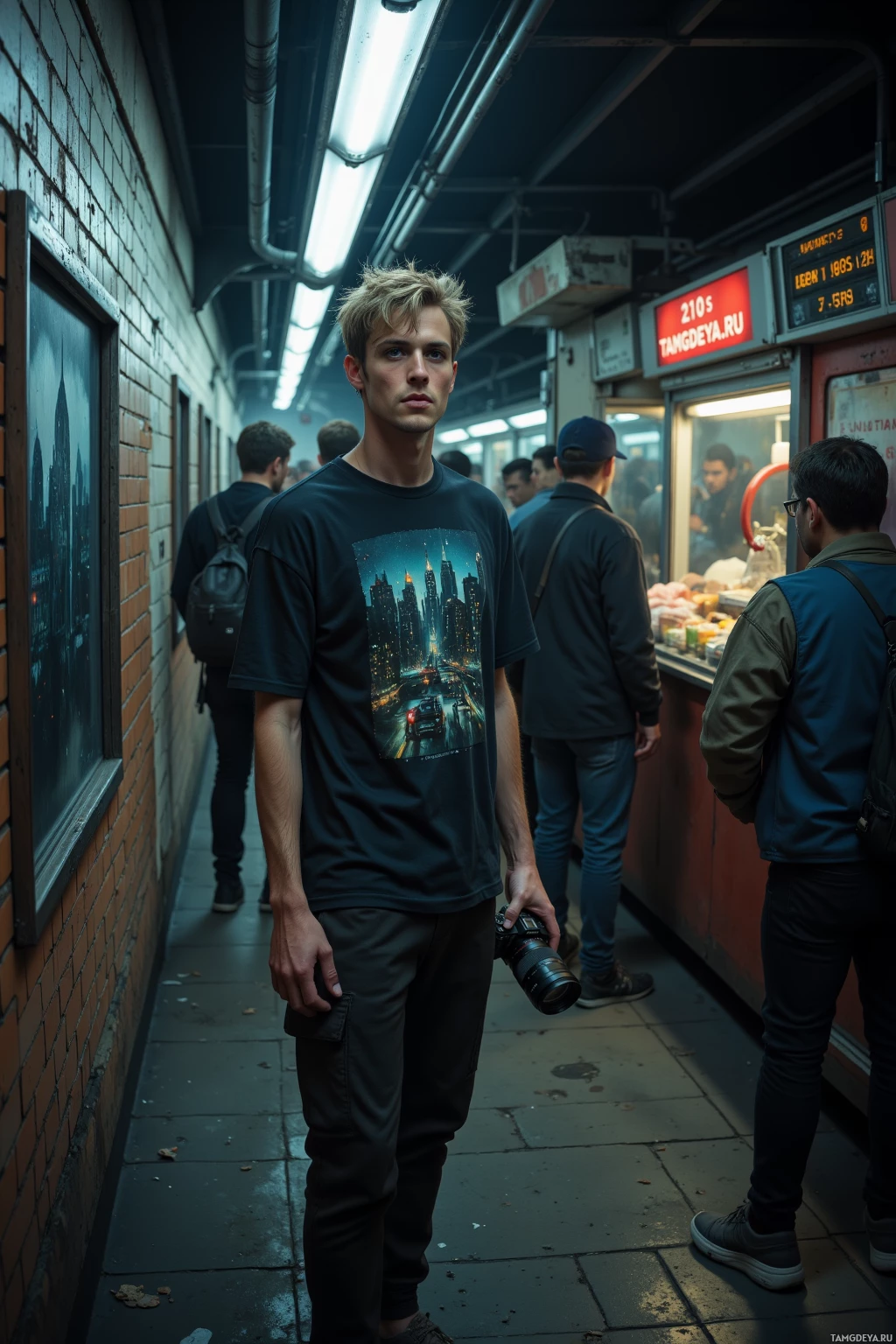 A young man stands in a subway station holding a camera, surrounded by other passengers.