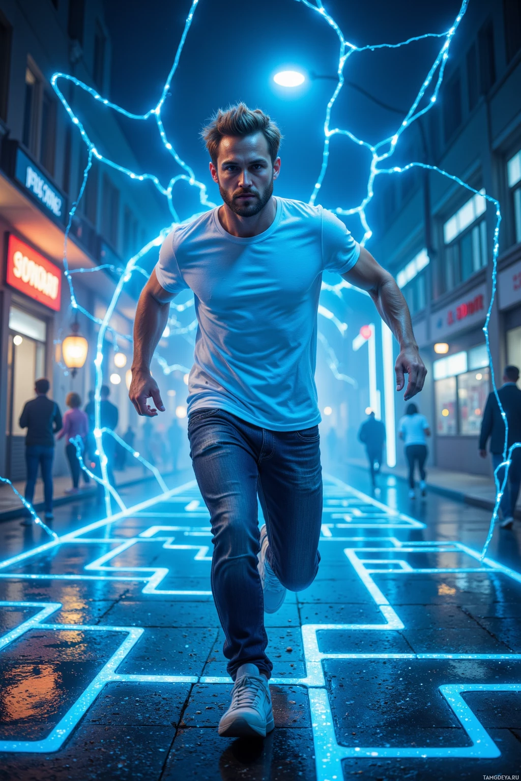 A man runs down a street illuminated by blue neon lights.