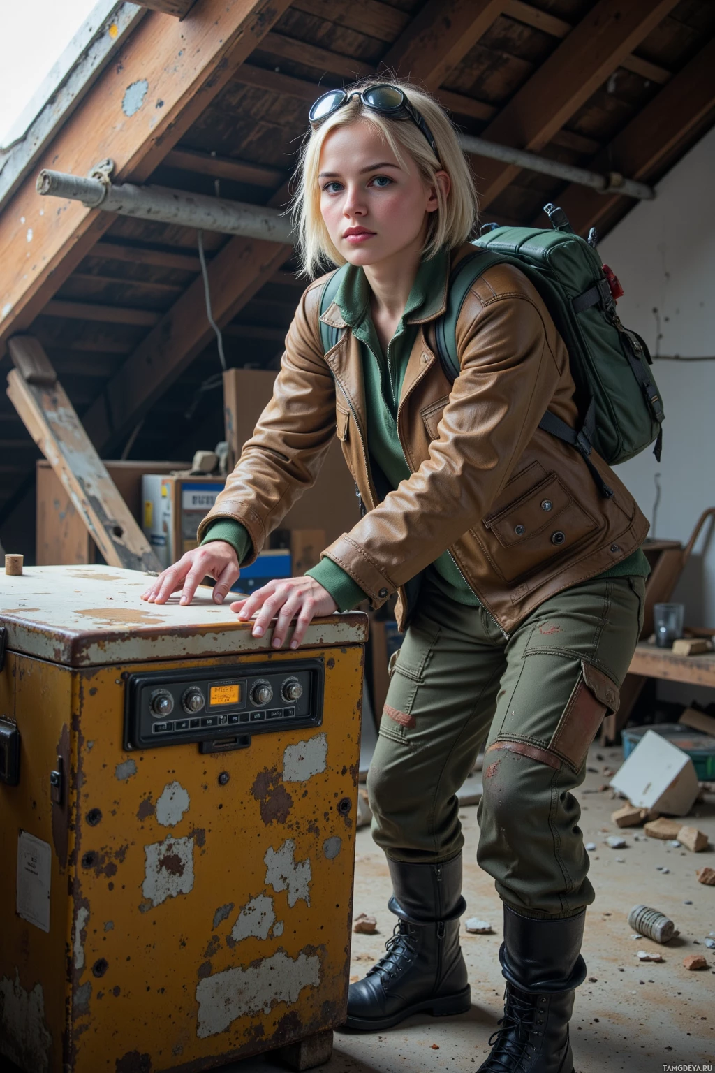 A person in a rugged outfit leans on a weathered box in a dilapidated setting.