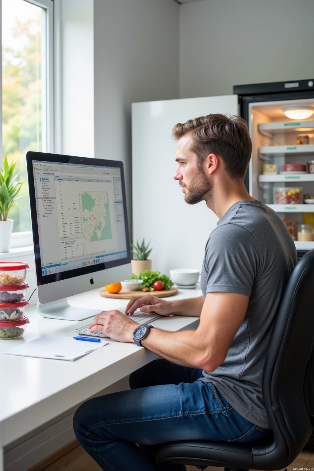 A man works at a desk with a computer, surrounded by kitchen items and a window view.