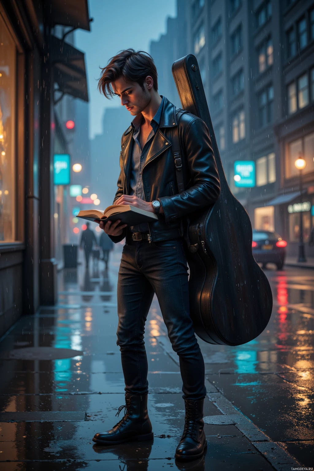 A man in a leather jacket and jeans stands on a rainy street, holding a book and a guitar case.