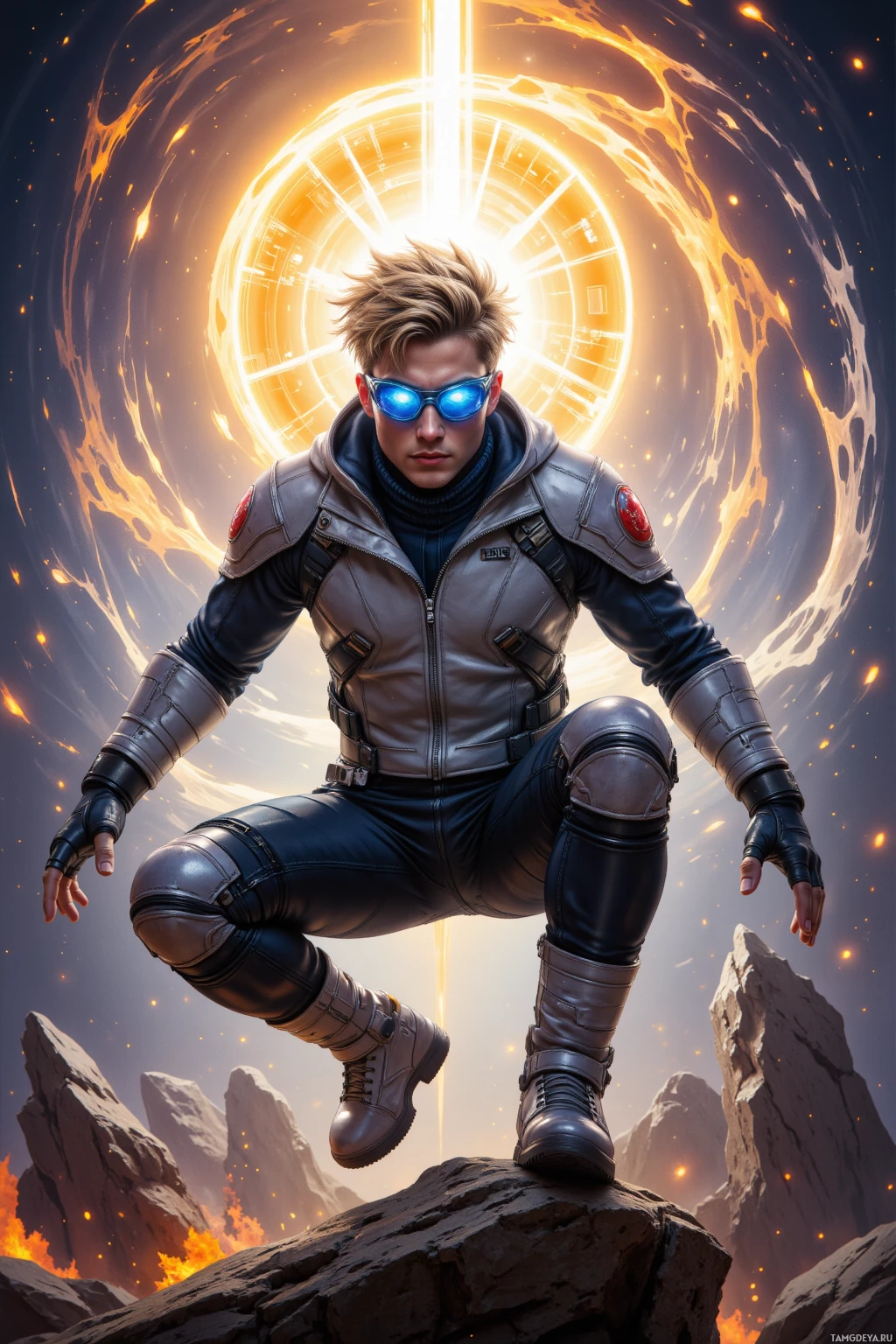 A futuristic character in a sci-fi setting, wearing a leather suit and goggles, stands poised on rocky terrain with a glowing portal in the background.