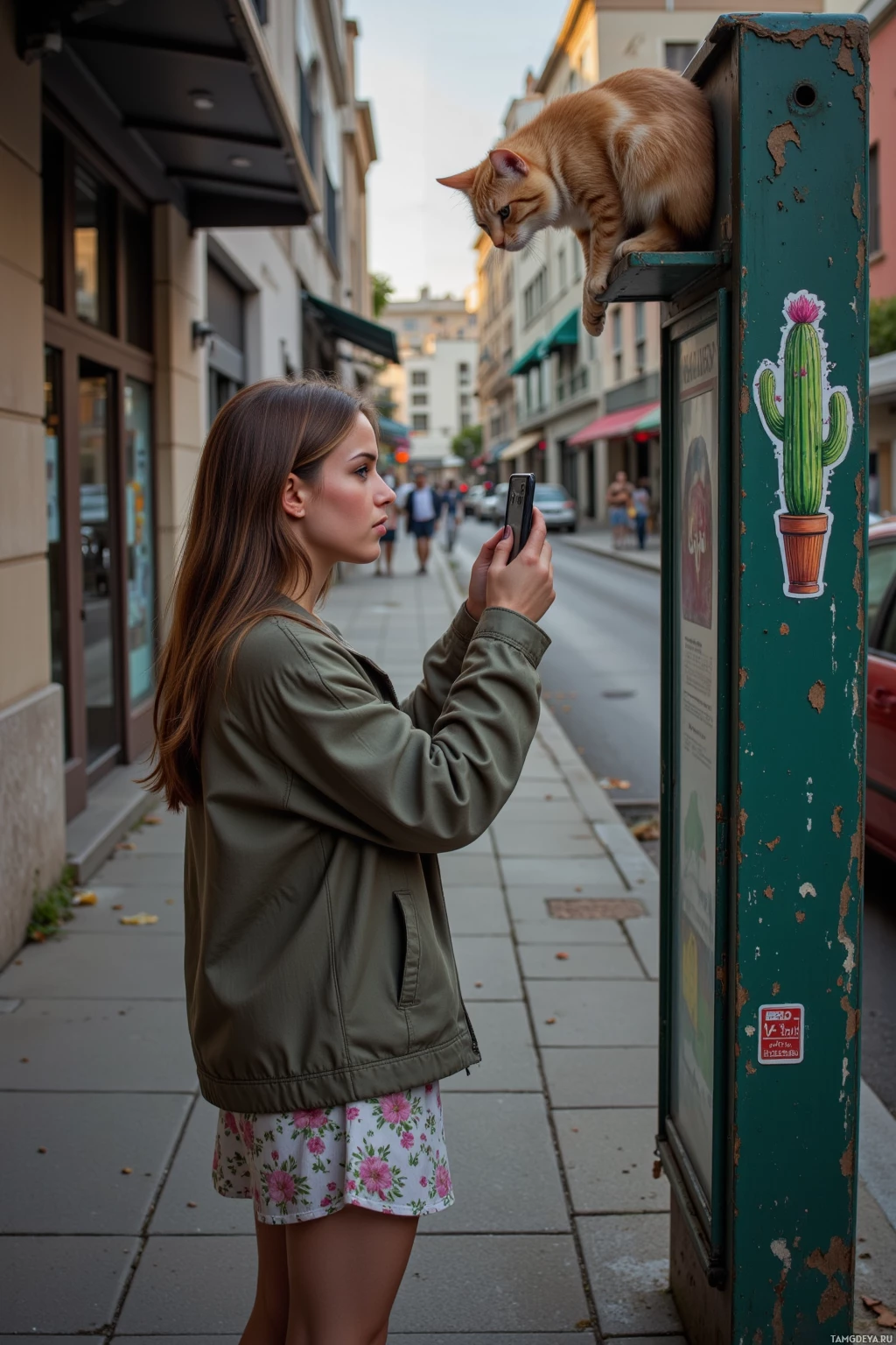 A woman takes a photo of a cat perched on a street sign.