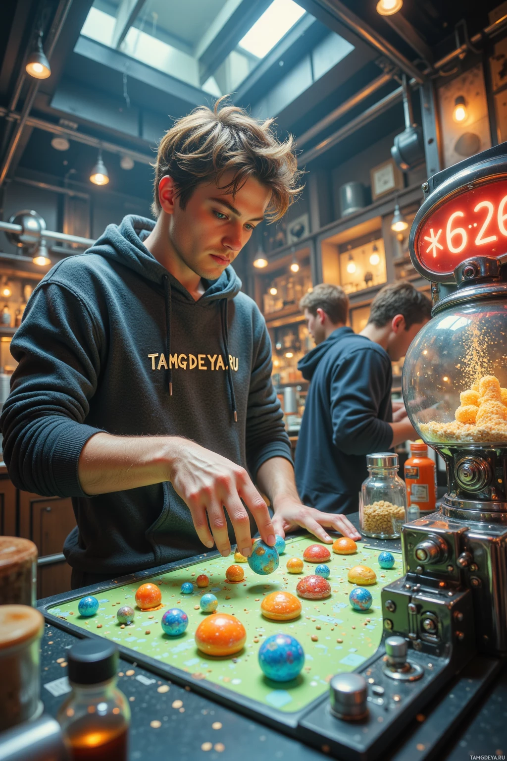 A person in a hoodie plays a game involving colorful spheres on a table in a well-lit arcade.