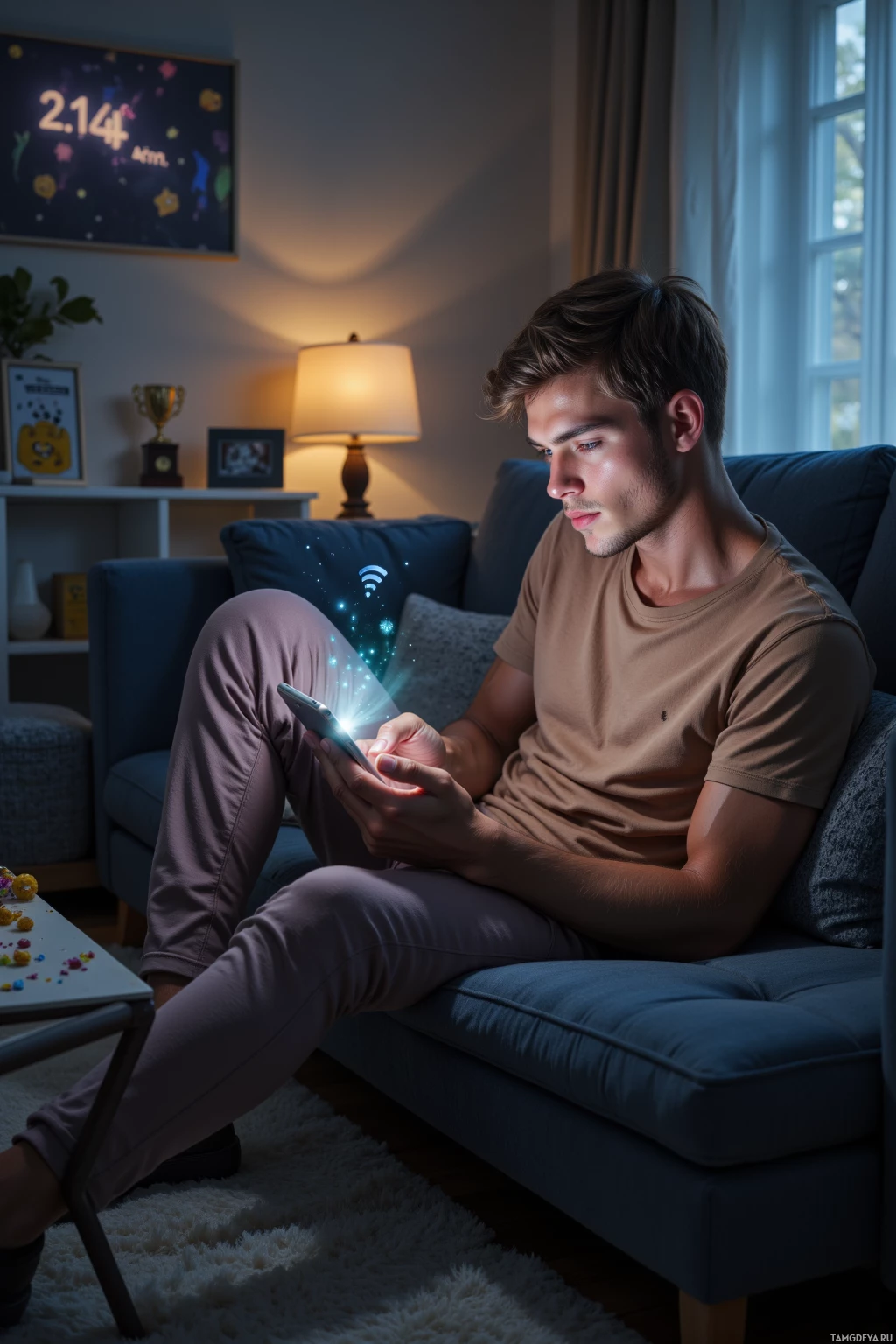 A person sits on a couch in a cozy room, holding a phone with glowing effects.