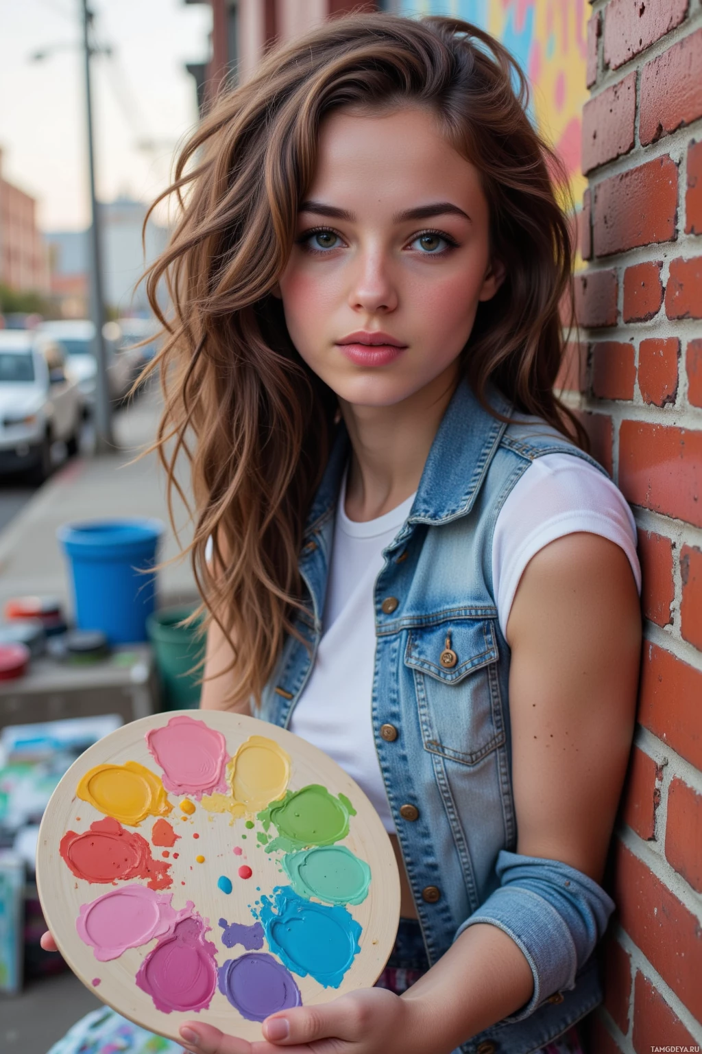 A young person with long hair leans against a brick wall, holding a paint palette.