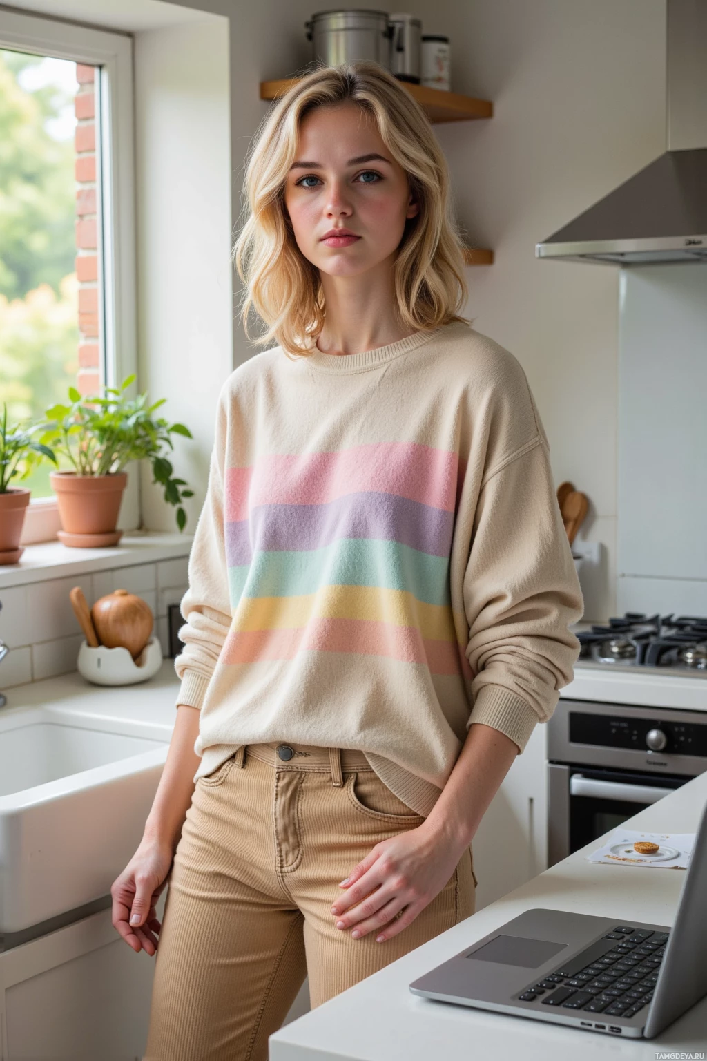 A person stands in a kitchen wearing a pastel striped sweater and beige pants.