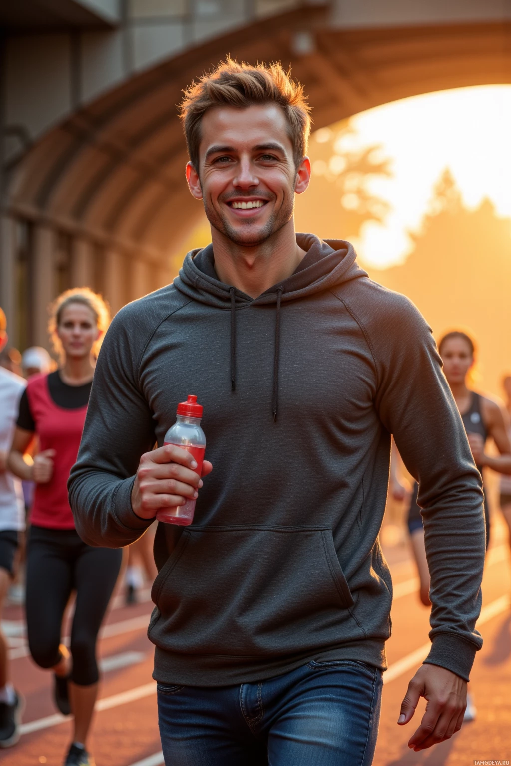 A man in a hoodie smiles while running on a track with others in the background.