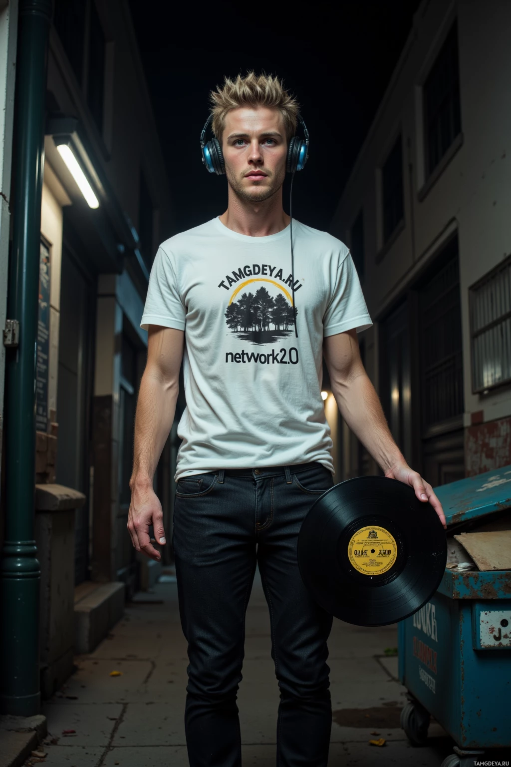 A person wearing headphones and a t-shirt stands in an alleyway holding a vinyl record.