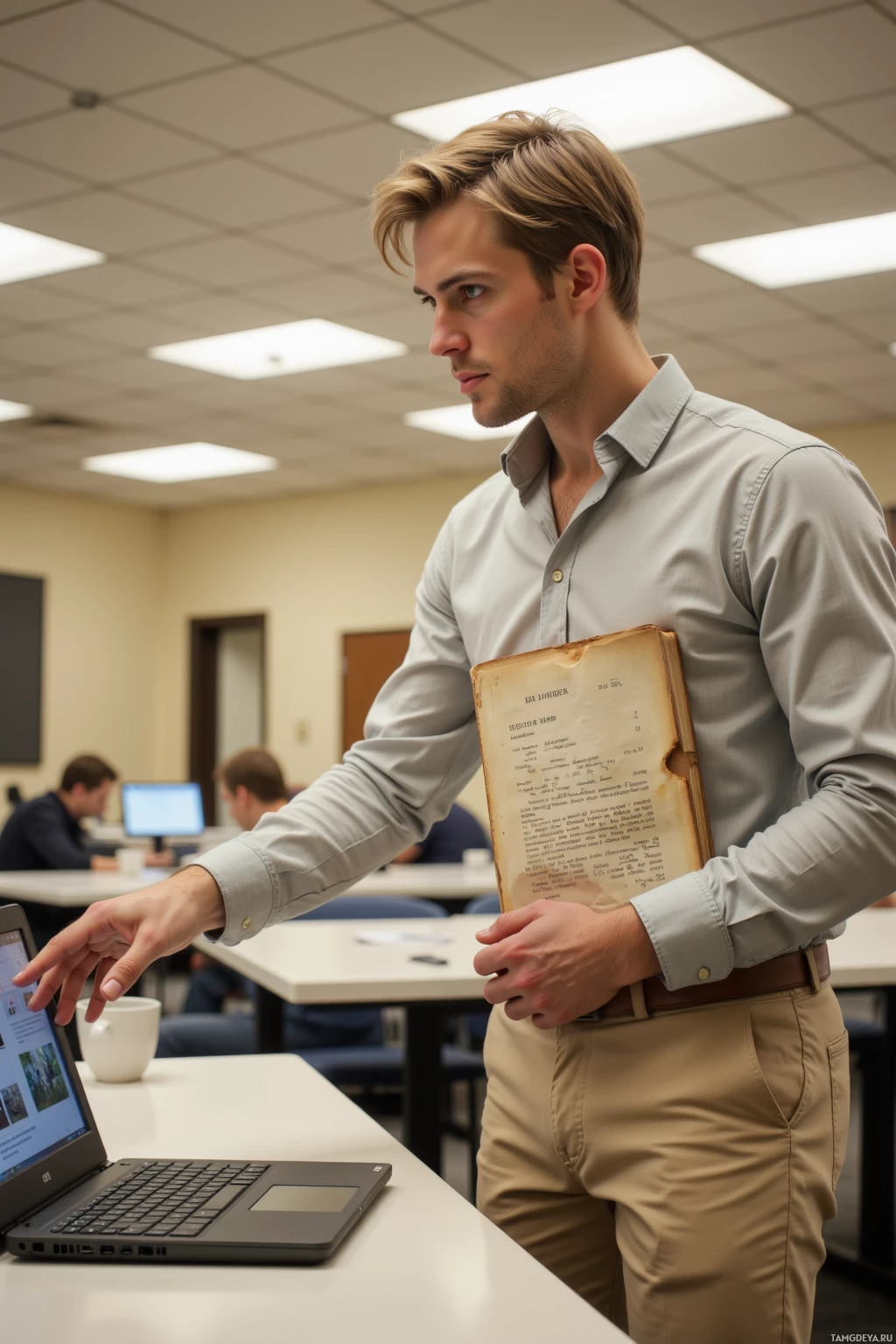 A man stands in a classroom holding an old book and pointing at a laptop screen.