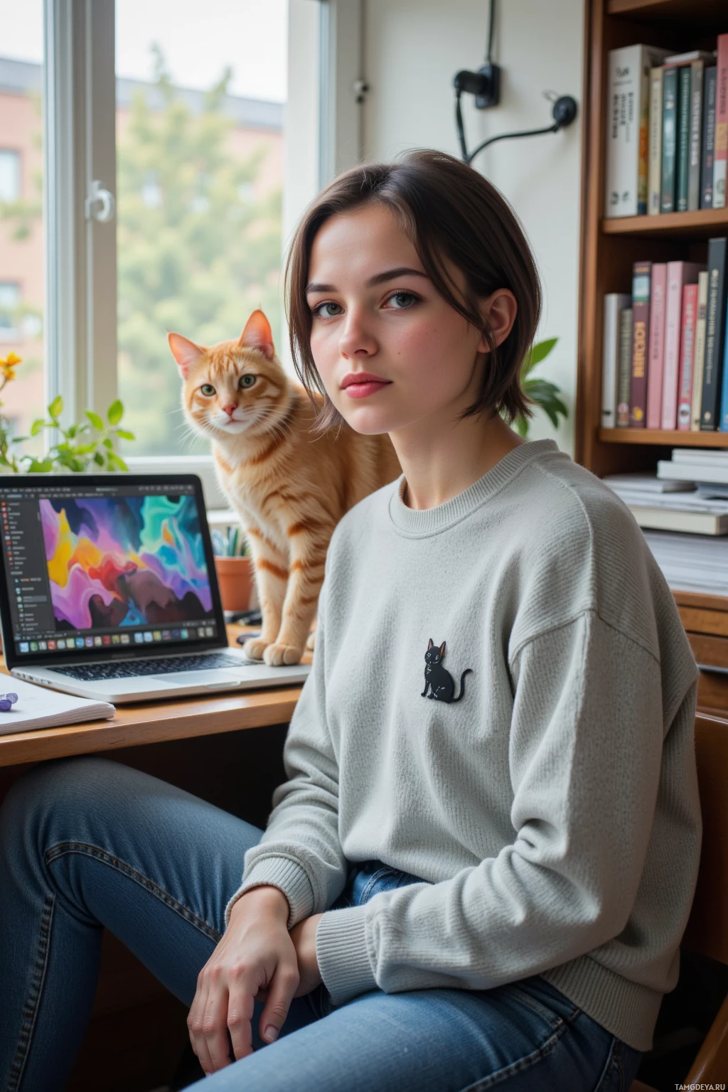 A person sits at a desk with a laptop and a cat perched on the back of the chair.