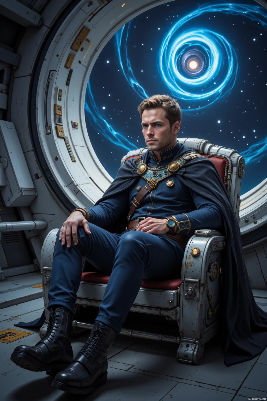 A man in a futuristic uniform sits in a chair inside a spacecraft, with a swirling blue vortex visible through the window behind him.