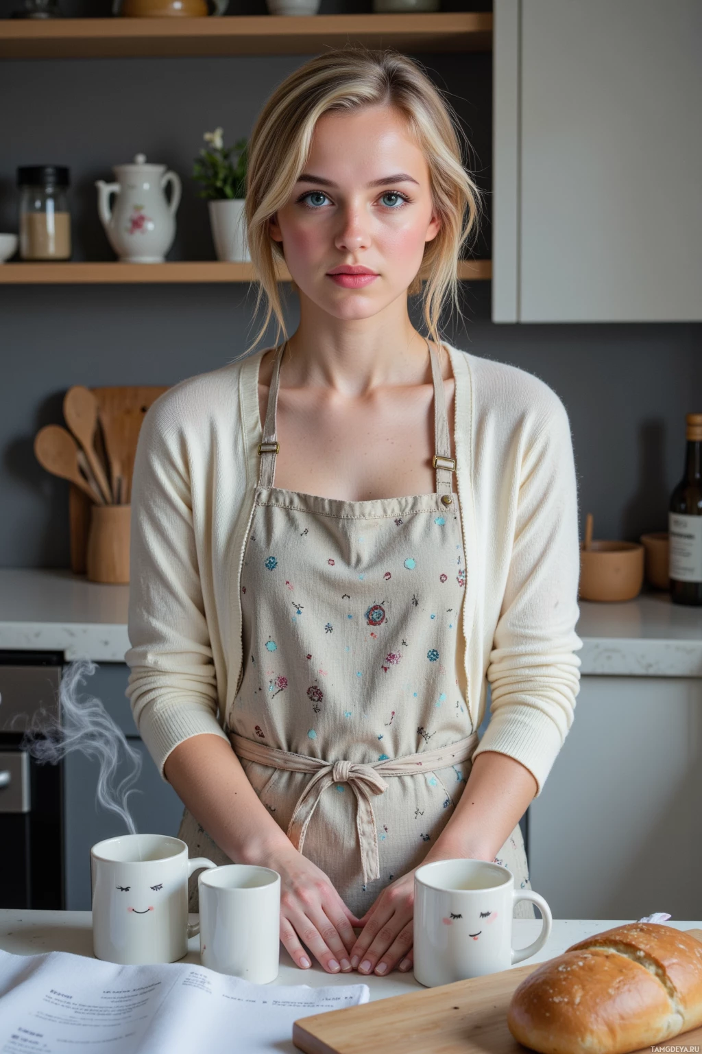 A woman in a kitchen wearing an apron and standing behind a counter with mugs and bread.