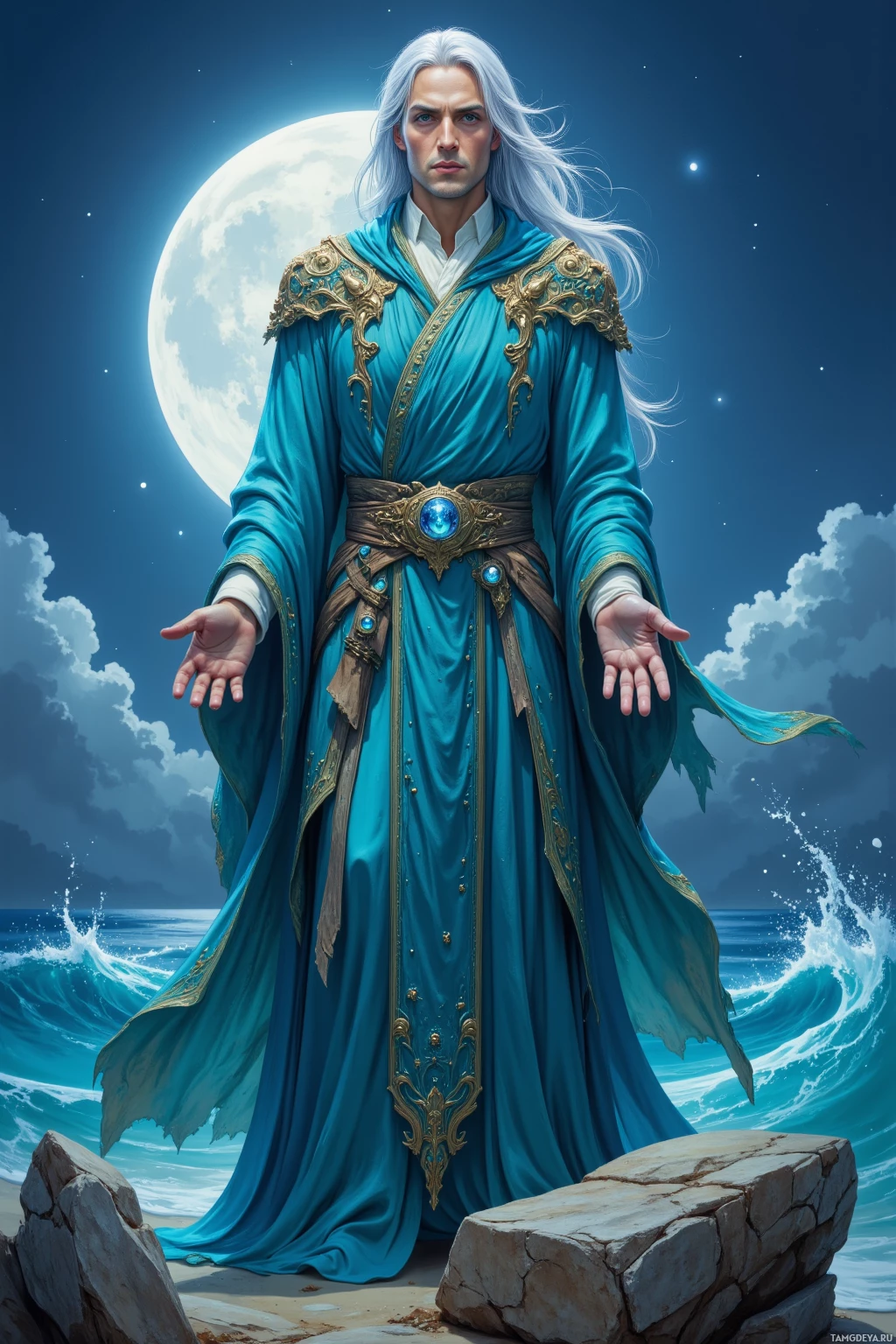 A figure in a flowing blue robe stands with arms outstretched against a backdrop of a full moon and ocean waves.