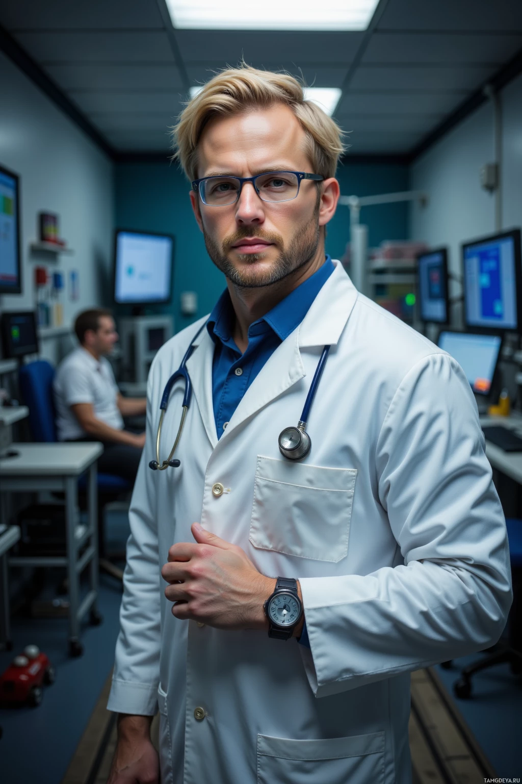 A male doctor in a white coat stands in a medical office.