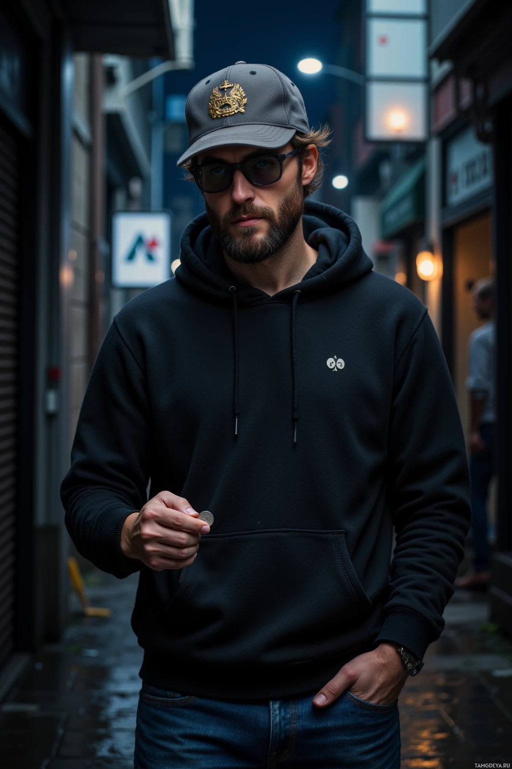 A man wearing a dark hoodie and cap stands in a dimly lit alleyway at night.