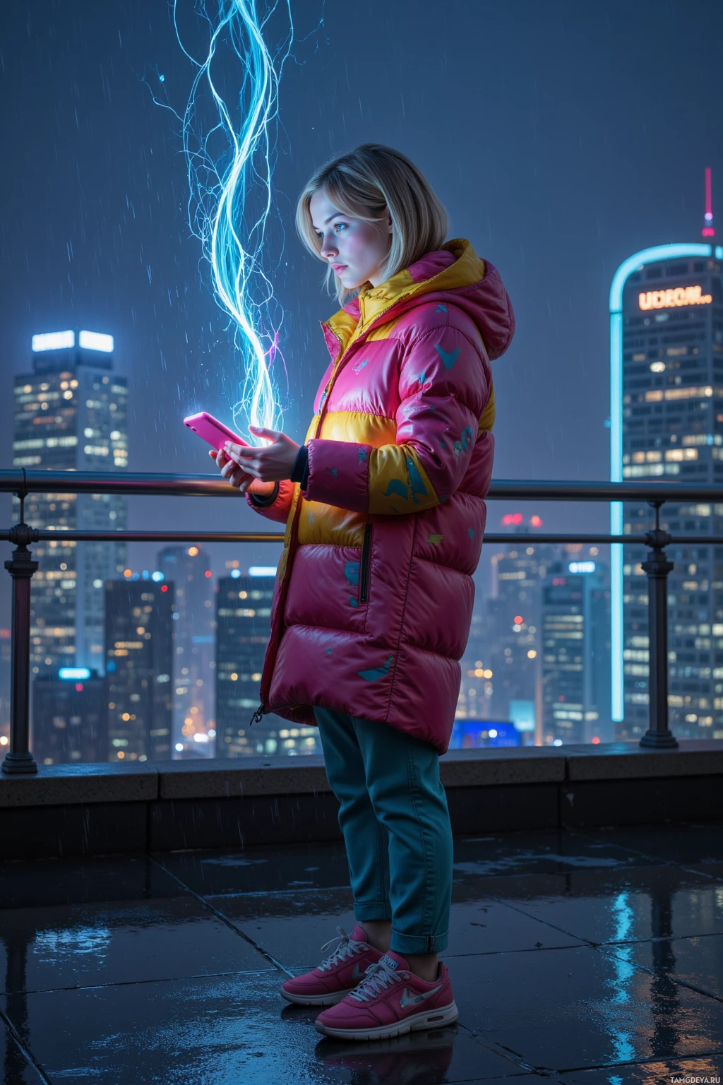 A person in a colorful jacket stands on a rooftop at night, holding a phone with glowing lines.