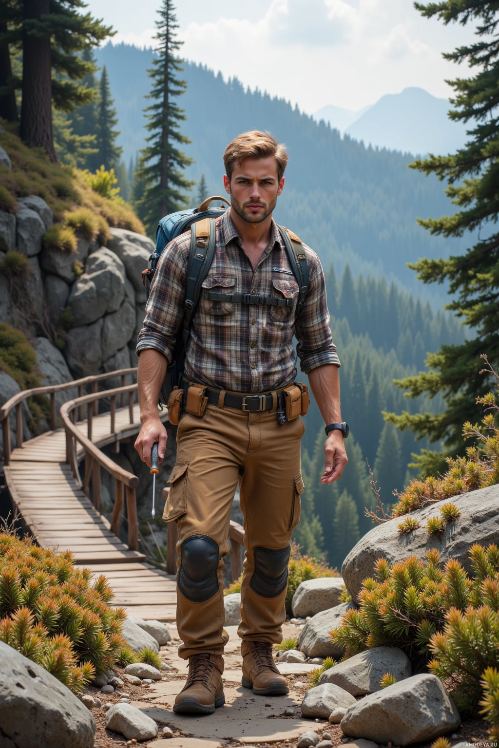 A man in hiking gear walks along a path in a mountainous area.