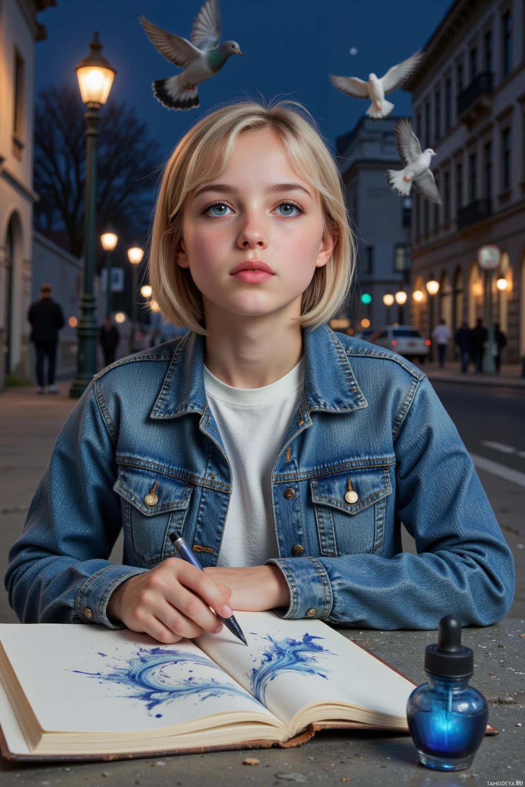 A young person in a denim jacket is sitting at a table, drawing with a pen on a sketchbook.